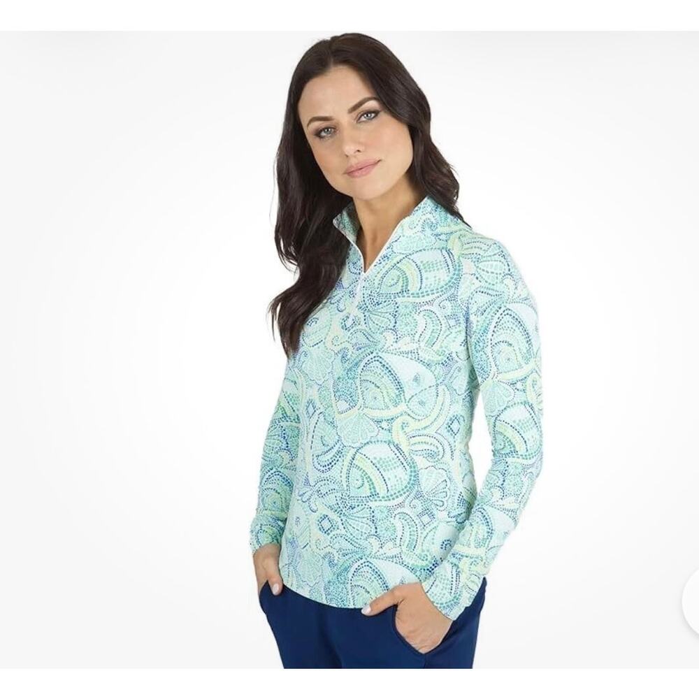 IBKUL Mariel Quarter Zip Pullover Golf Tennis Long Sleeve Shirt Blue Paisley S